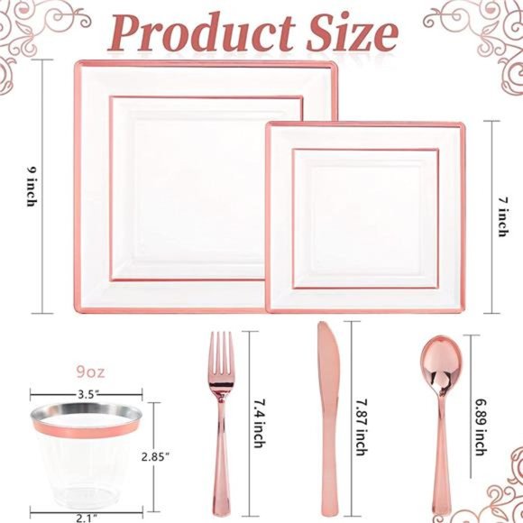 Dining 15 Pieces Rose Gold Square Plastic Plates With Silverware And